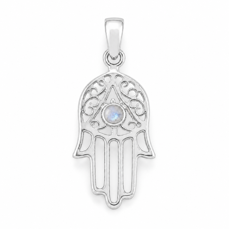 Decoratief zilveren handje van Fatima, Hamsa handje hanger met ronde edelsteen - 925 zilver - 27 x 12 mm