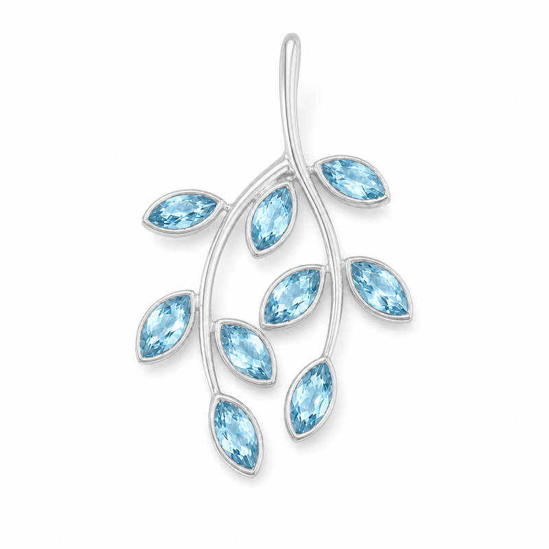 Zilveren hanger met edelsteen in blaadjesdesign, gefacetteerd - 925 zilver - 32 x 20 mm · Blauwe Topaas · detail · steen:blauwe-topaas