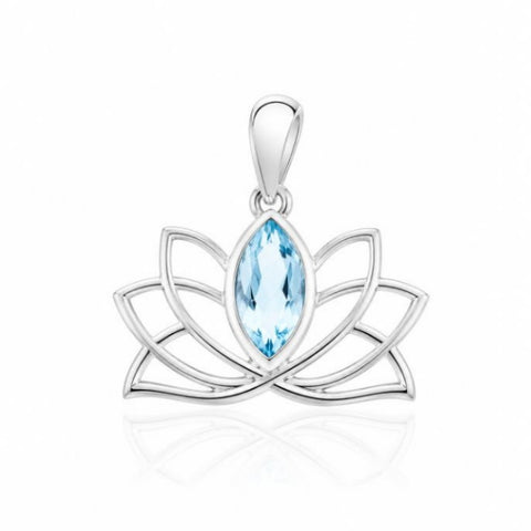 Zilveren Lotus hanger met marquise, facet geslepen edelsteen - 925 zilver - 10 x 5 mm · Blauwe Topaas