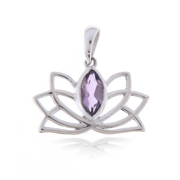 Zilveren Lotus hanger met marquise, facet geslepen edelsteen - 925 zilver - 10 x 5 mm