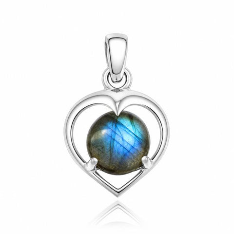 Zilveren hanger met rond in open hart gezette edelsteen - 925 zilver - 27 x 17 mm · Labradoriet
