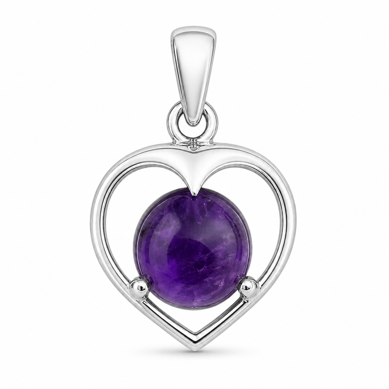 Zilveren hanger met rond in open hart gezette edelsteen, gefacetteerd - 925 zilver - 27 x 17 mm · Amethist · detail · steen:amethist