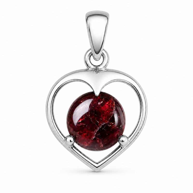 Zilveren hanger met rond in open hart gezette edelsteen, gefacetteerd - 925 zilver - 27 x 17 mm · Granaat · detail · steen:granaat