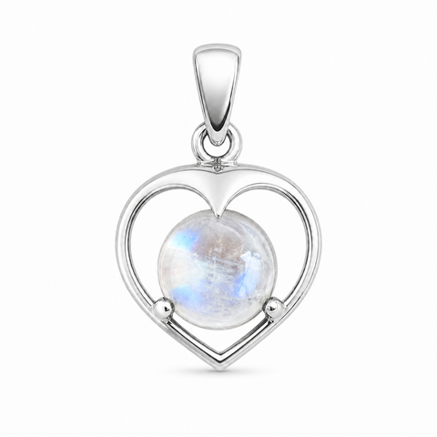 Zilveren hanger met rond in open hart gezette edelsteen - 925 zilver - 27 x 17 mm · Regenboog Maansteen