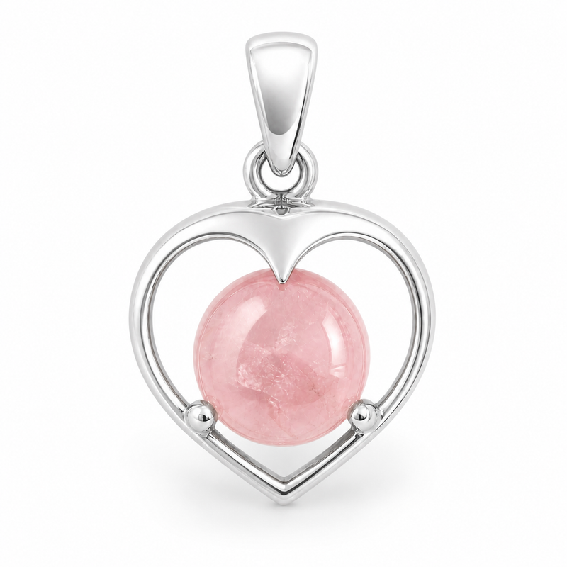 Zilveren hanger met rond in open hart gezette edelsteen, gefacetteerd - 925 zilver - 27 x 17 mm · Rozenkwarts · detail · steen:rozenkwarts