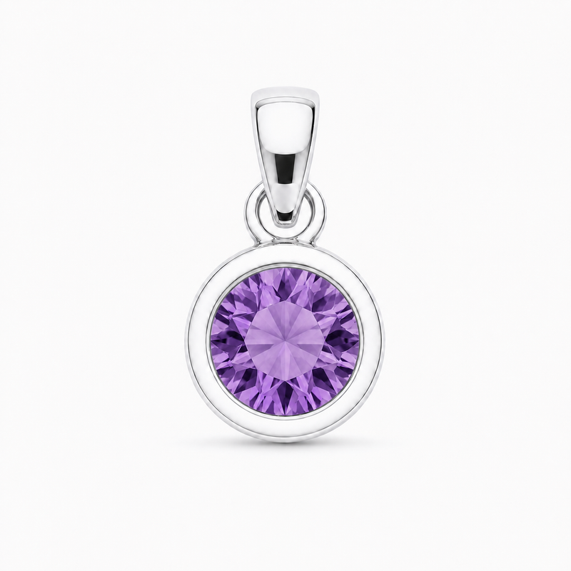 Zilveren hanger met rond gefacetteerde in kap gezette edelsteen - 925 zilver - 9 mm · Amethist · productfoto · steen:amethist