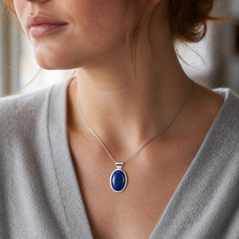 Zilveren hanger met Regenboog Maansteen edelsteen · Lapis Lazuli · gedragen · steen:lapis-lazuli