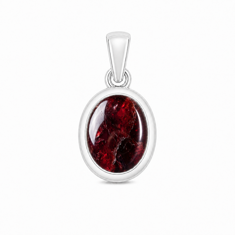 Zilveren hanger met ovaal in kap gezette edelsteen - 925 zilver - 10 x 8 mm · Granaat