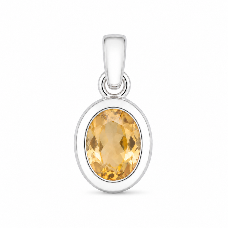 Zilveren hanger met ovaal in kap gezette edelsteen, gefacetteerd - 925 zilver - 9 x 7 mm · Citrien · detail · steen:citrien