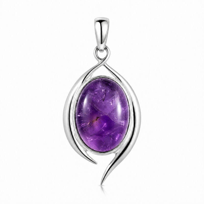 Zilveren hanger met ovaal geslepen edelsteen - 925 zilver - 18 x 13 mm · Amethist · productfoto · steen:amethist