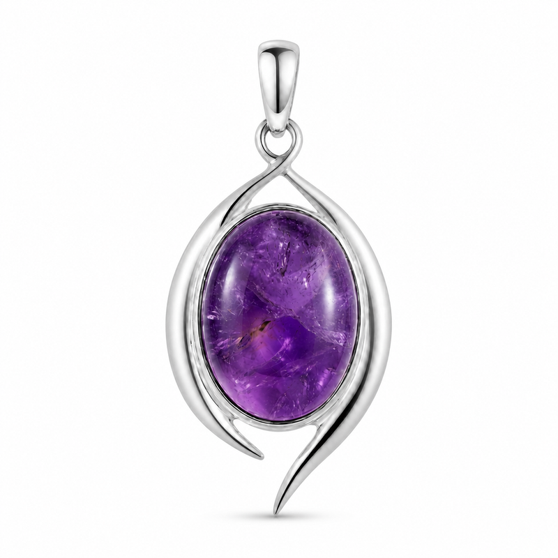 Zilveren hanger met ovaal geslepen edelsteen - 925 zilver - 18 x 13 mm · Amethist · detail · steen:amethist
