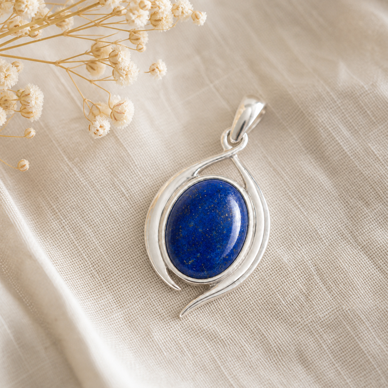 Zilveren hanger met ovaal geslepen edelsteen - 925 zilver - 18 x 13 mm · Lapis Lazuli · sfeerbeeld · steen:lapis-lazuli