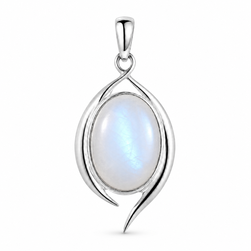 Zilveren hanger met ovaal geslepen edelsteen - 925 zilver - 18 x 13 mm · Regenboog Maansteen · detail · steen:regenboog-maansteen