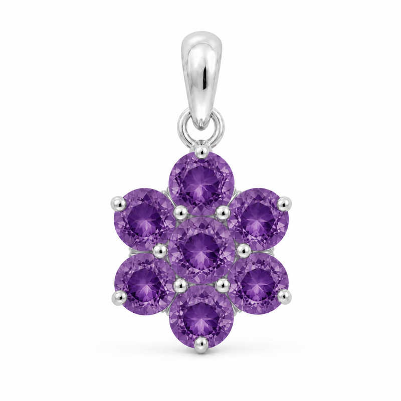 Zilveren bloemvormige hanger met edelsteen, gefacetteerd - 925 zilver - 23 x 13 mm · Amethist · detail · steen:amethist