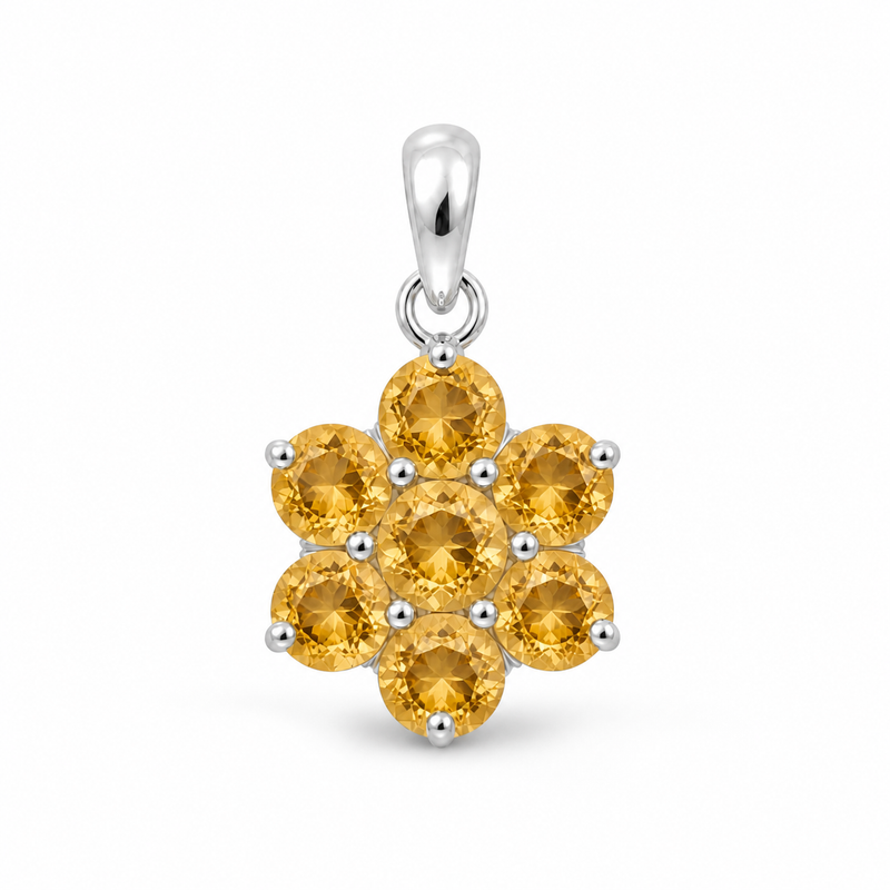 Zilveren bloemvormige hanger met edelsteen, gefacetteerd - 925 zilver - 23 x 13 mm · Citrien · detail · steen:citrien