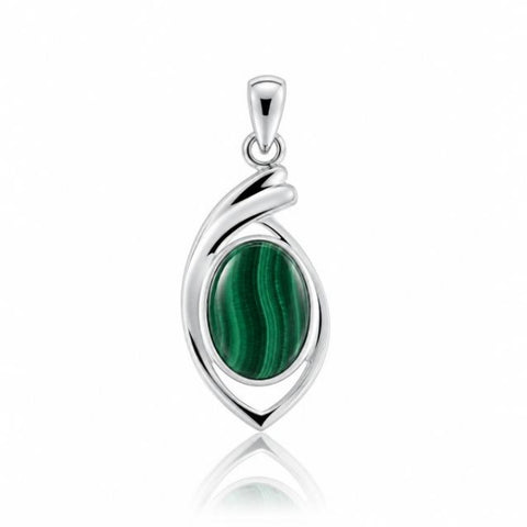 Zilveren hanger met ovale edelsteen in elegante zetting - 925 zilver - 14 x 10 mm · Malachiet