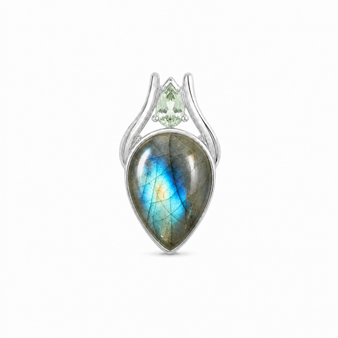 Zilveren hanger met druppelvormig in kap gezette edelsteen - 925 zilver - 17 x 13 mm · Labradoriet & Prasioliet