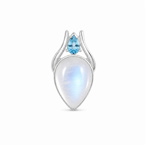 Zilveren hanger met druppelvormig in kap gezette edelsteen - 925 zilver - 17 x 13 mm · Regenboog Maansteen & Blauwe Topaas