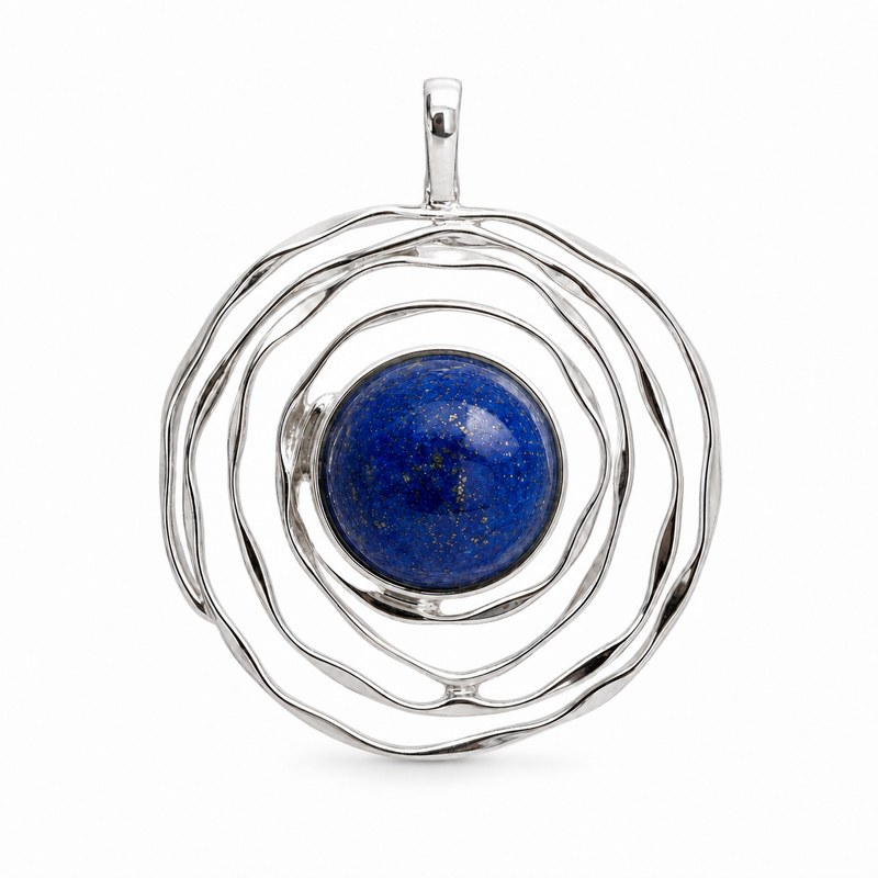Zilveren hanger met rond in golvende zetting gezette edelsteen - 925 zilver - 17 x 17 mm · Lapis Lazuli · productfoto · steen:lapis-lazuli