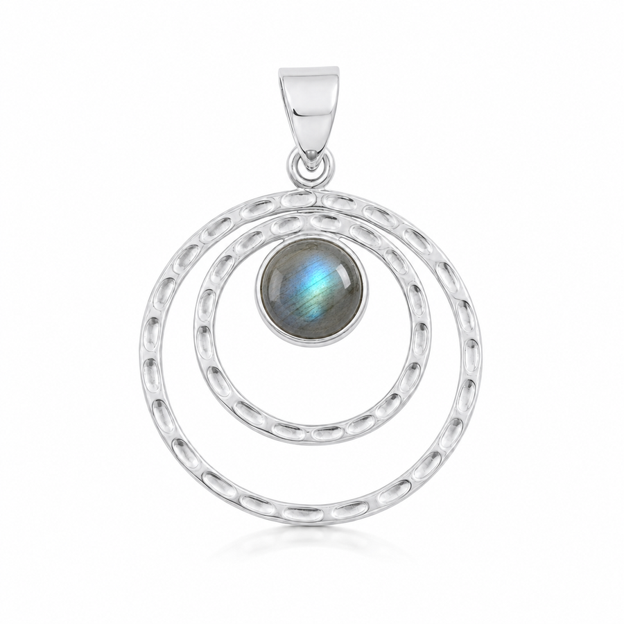 Zilveren hanger met rond in kap gezette edelsteen - 925 zilver - 35 x 25 mm · Labradoriet · productfoto · steen:labradoriet