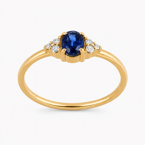 Ring met edelsteen en diamanten - goldplated zilver - 6 x 4 mm · Kyaniet / 17.5