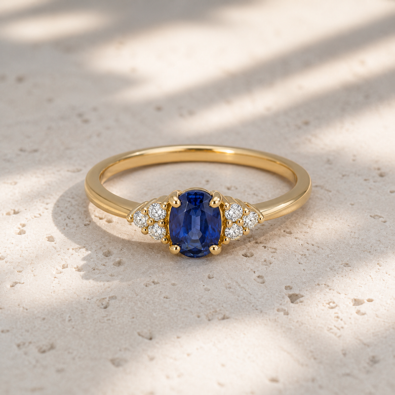 Ring met edelsteen en diamanten - goldplated zilver - 6 x 4 mm · Kyaniet · sfeerbeeld · steen:kyaniet
