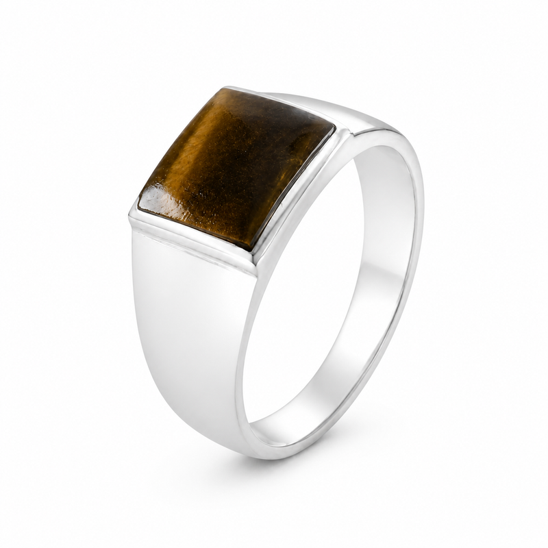 Zilveren herenring met edelsteen - 925 zilver - 11 mm · Tijgeroog · detail · steen:tijgeroog