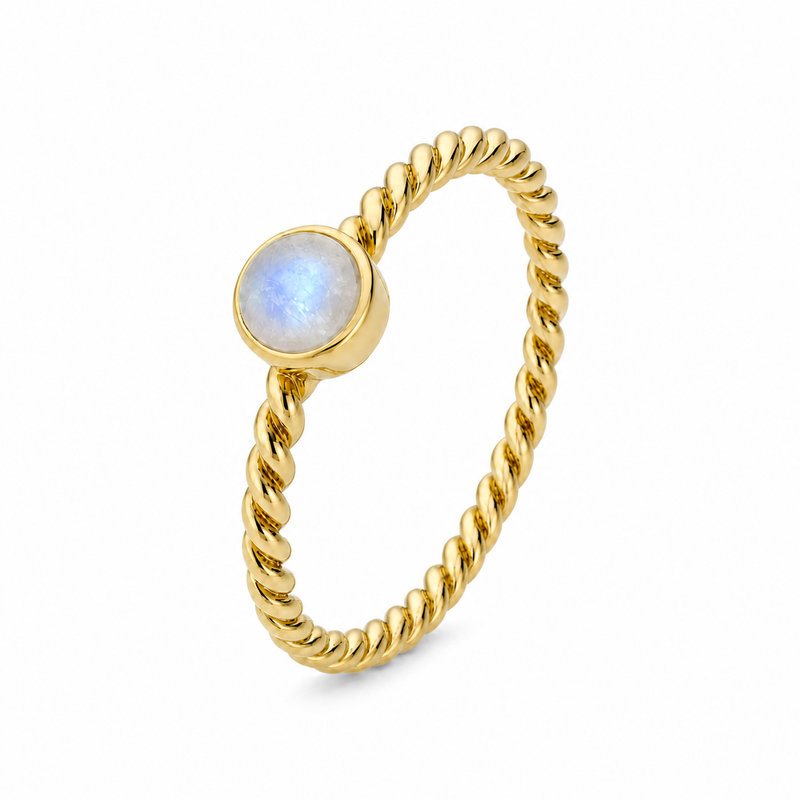 Ring met edelsteen - goldplated zilver · Regenboog Maansteen · detail · steen:regenboog-maansteen