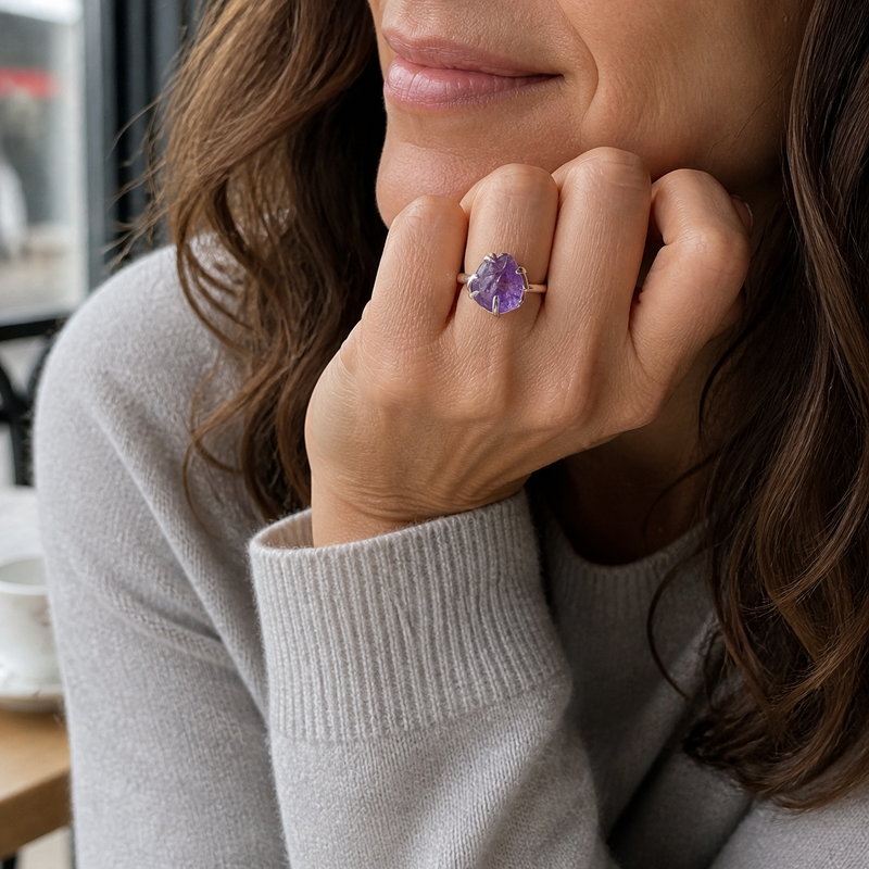 Zilveren ring met edelsteen, ruw - 925 zilver · None · gedragen · steen:None