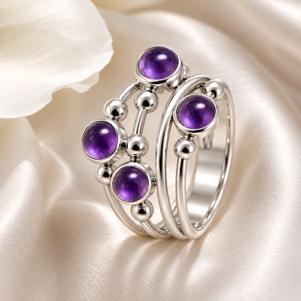 Zilveren ring met ronde edelstenen - 925 zilver - 4 mm · Amethist · productfoto · steen:amethist