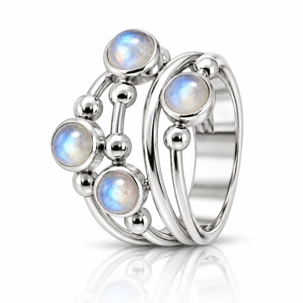 Zilveren ring met ronde edelstenen - 925 zilver - 4 mm · Regenboog Maansteen · productfoto · steen:regenboog-maansteen