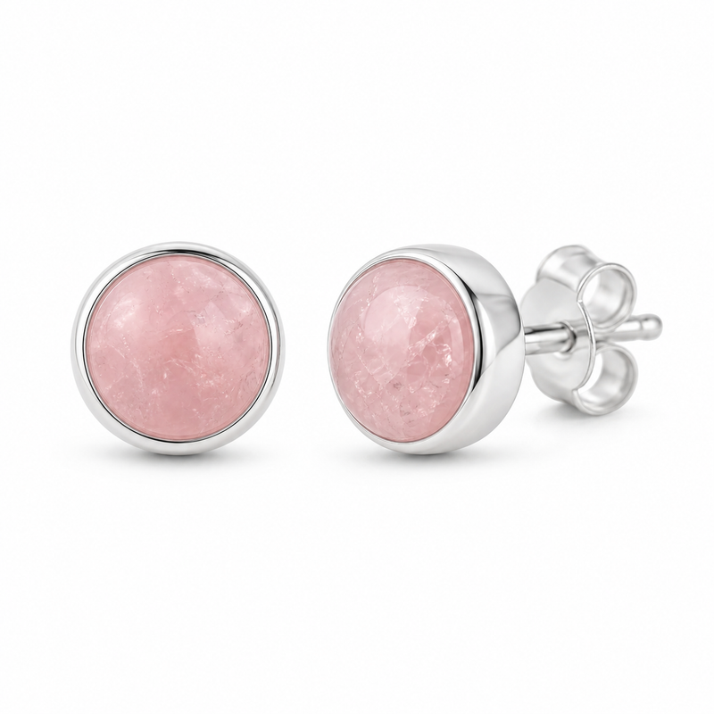 Zilveren oorstekers met rond in kap gezette edelsteen - 925 zilver - 5 mm · Rozenkwarts · productfoto · steen:rozenkwarts