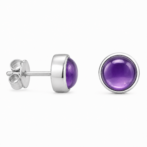 Zilveren oorknopjes met rond in kap gezette edelsteen - 925 zilver - 6 mm · Amethist