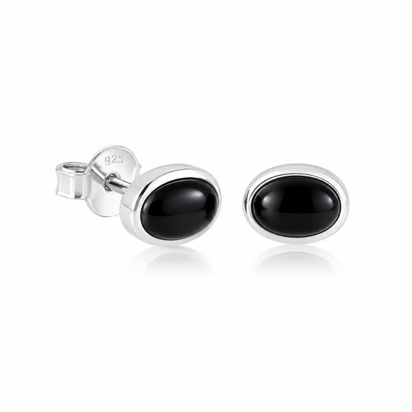 Zilveren oorknopjes met ovale edelstenen - 925 zilver - 7 x 5 mm · Zwarte Onyx · productfoto · steen:zwarte-onyx