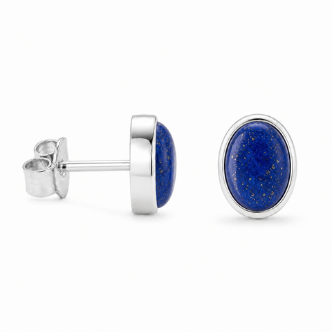 Zilveren oorknopjes met ovaal in kap gezette edelsteen - 925 zilver - 7 x 5 mm · Lapis Lazuli