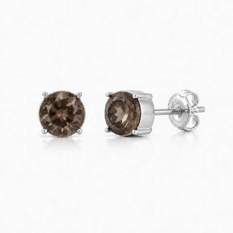 Zilveren oorknopjes met rond gefacetteerde in klauwzetting gezette edelsteen - 925 zilver - 6 mm · Rookkwarts