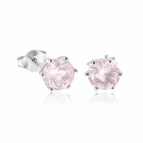 Zilveren oorknopjes met rond gefacetteerde chaton gezette edelstenen - 925 zilver - 7 mm · Rozenkwarts