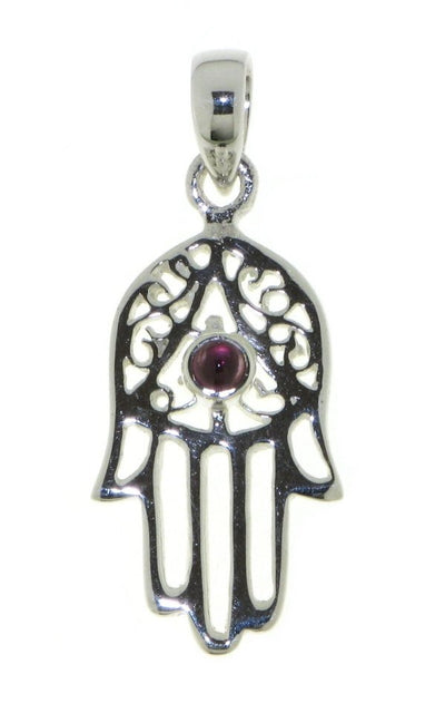 Zilveren handje van Fatima, Hamsa handje hanger met Granaat edelsteen