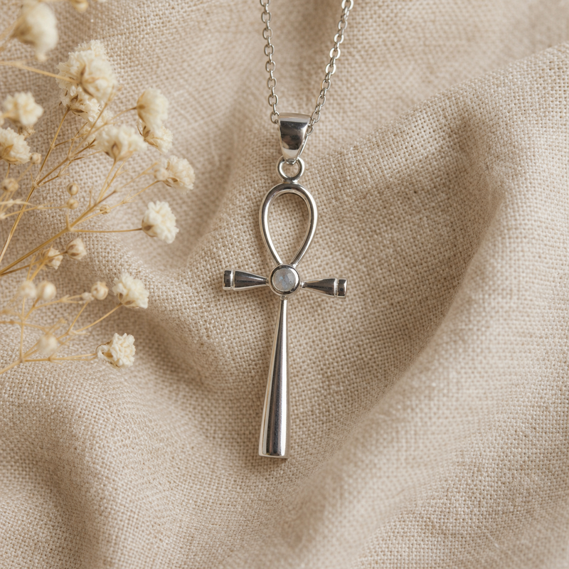 Zilveren hanger met Regenboog Maansteen edelsteen, flatlay · steen:regenboog-maansteen