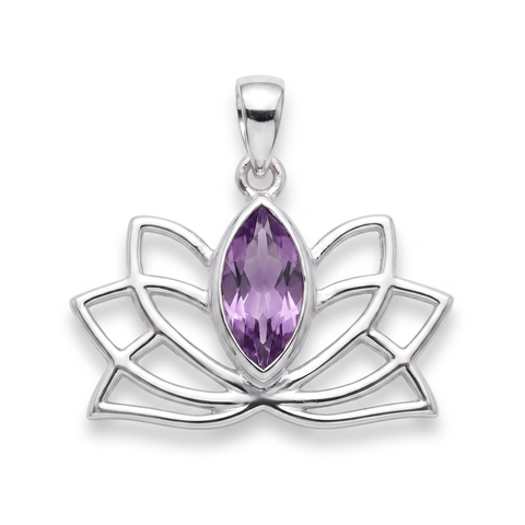Zilveren Lotus hanger met marquise, facet geslepen edelsteen - 925 zilver - 10 x 5 mm · Amethist
