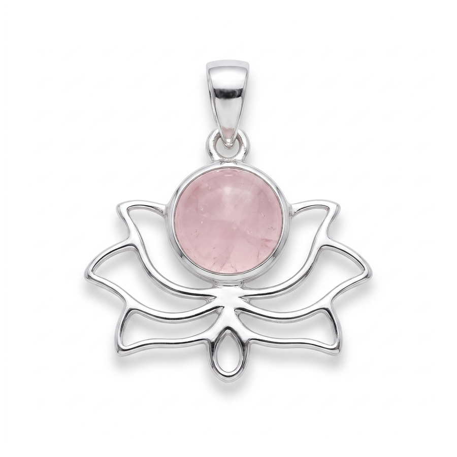 Zilveren hanger met rond geslepen in kap gezette edelsteen · Rozenkwarts · studiofoto · steen:rozenkwarts