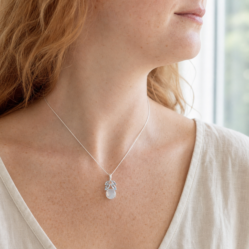 Zilveren hanger met rond cabochon geslepen edelsteen 2 · Blauwe Topaas · gedragen · steen:blauwe-topaas