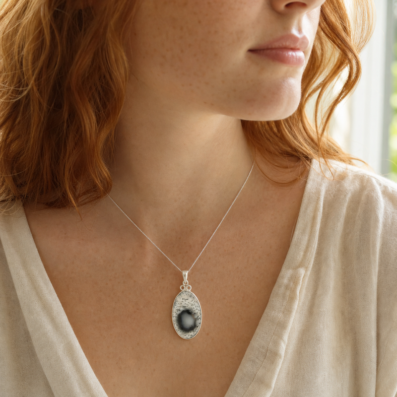 Zilveren hanger met hartvormig in kap gezette edelsteen · Chalcedoon · gedragen · steen:chalcedoon