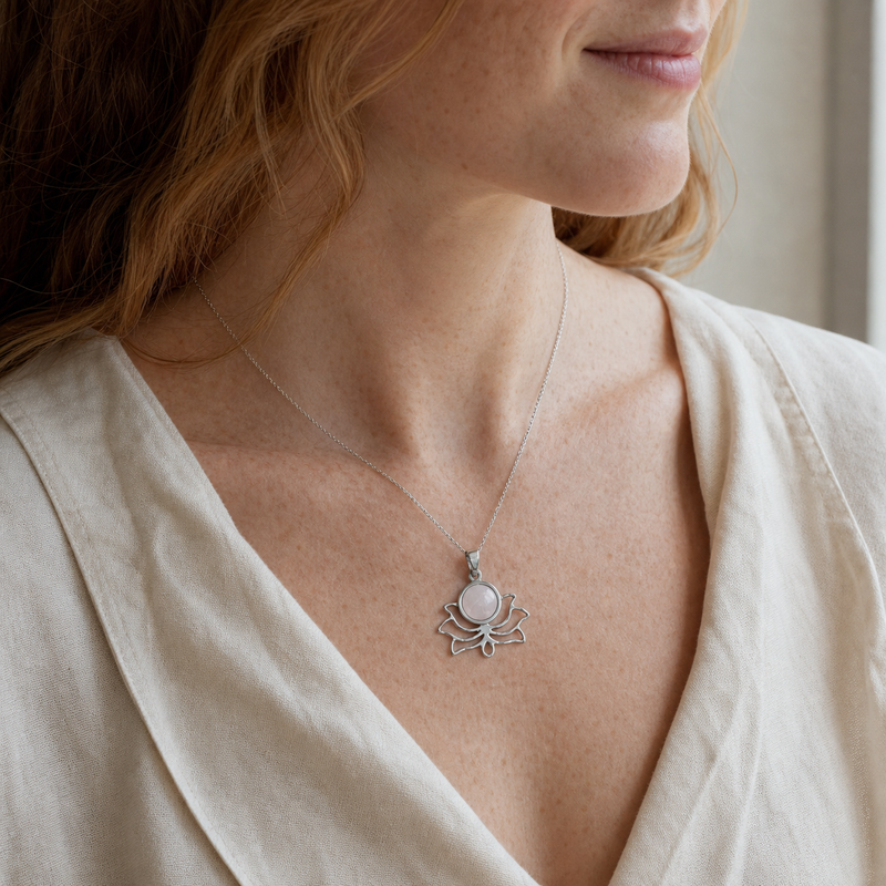Zilveren hanger met rond geslepen in kap gezette edelsteen · Rozenkwarts · gedragen · steen:rozenkwarts