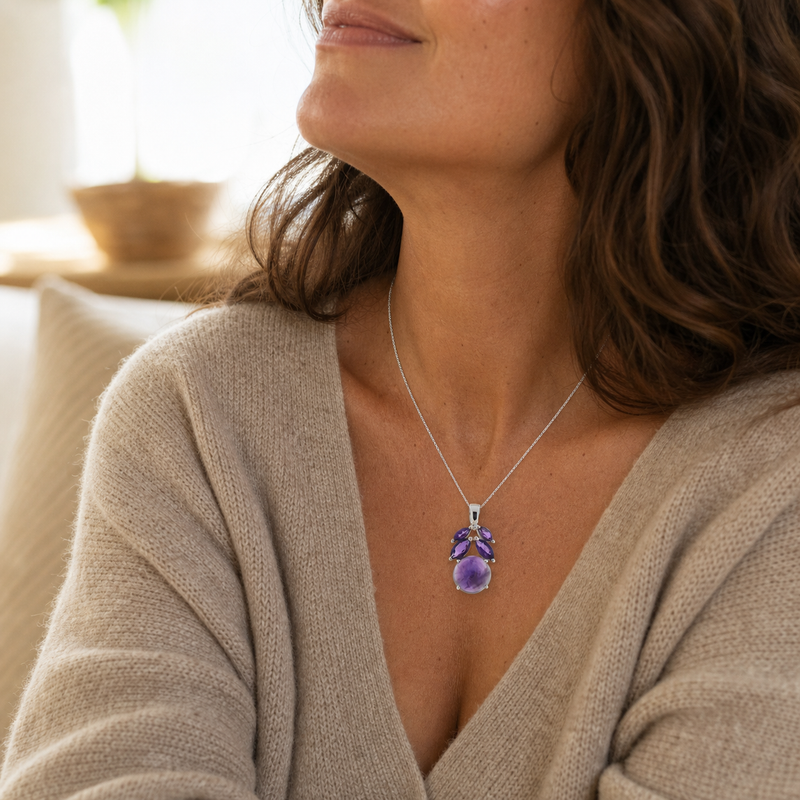 Zilveren hanger met rond cabochon geslepen edelsteen 2 · Amethist · gedragen close-up · steen:amethist
