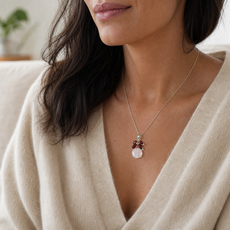 Zilveren hanger met rond cabochon geslepen edelsteen 2 · Granaat · gedragen close-up · steen:granaat