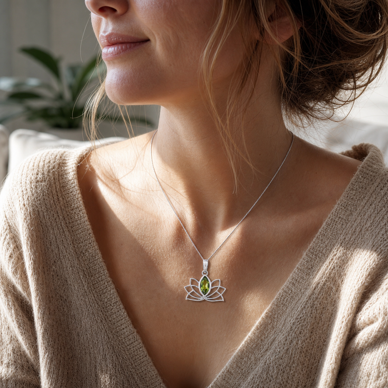 Zilveren hanger met marquise geslepen in kap gezette edelsteen 2 · Peridoot · gedragen close-up · steen:peridoot